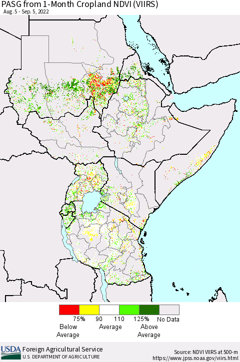 Eastern Africa PASG from 1-Month Cropland NDVI (VIIRS) Thematic Map For 9/1/2022 - 9/10/2022