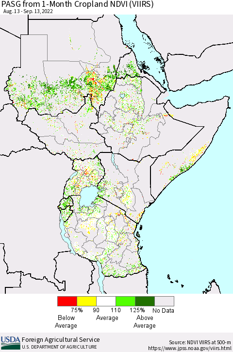 Eastern Africa PASG from 1-Month Cropland NDVI (VIIRS) Thematic Map For 9/11/2022 - 9/20/2022