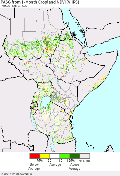 Eastern Africa PASG from 1-Month Cropland NDVI (VIIRS) Thematic Map For 9/22/2022 - 9/29/2022