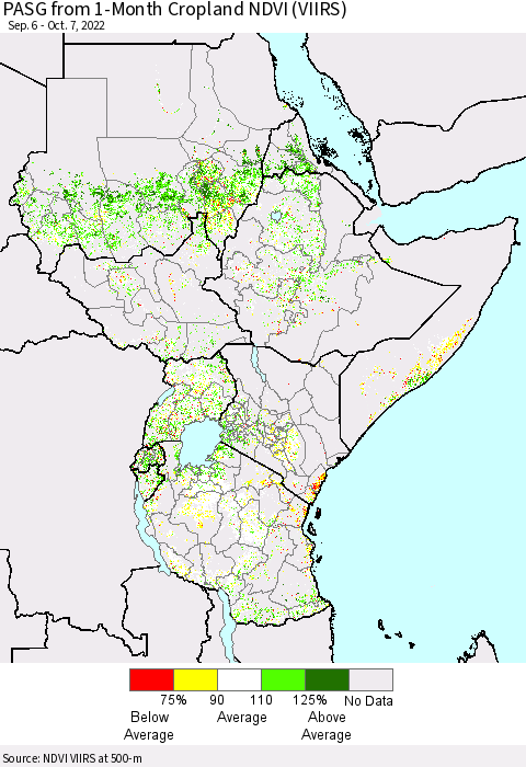 Eastern Africa PASG from 1-Month Cropland NDVI (VIIRS) Thematic Map For 9/30/2022 - 10/7/2022