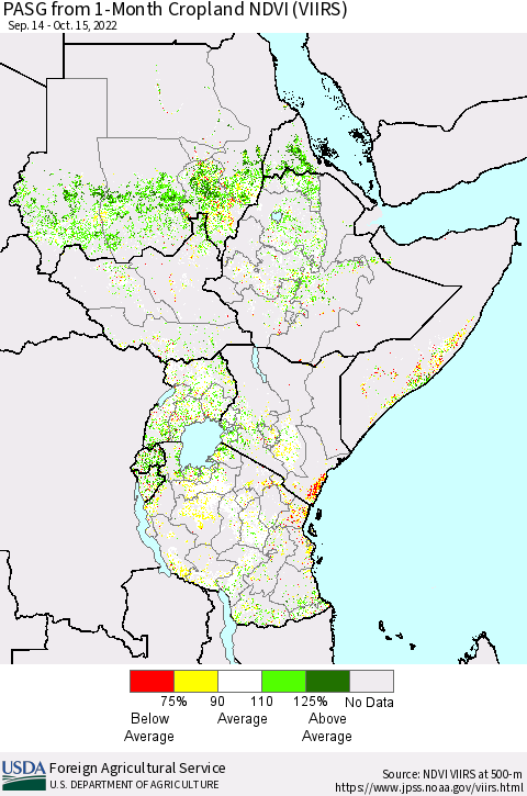 Eastern Africa PASG from 1-Month Cropland NDVI (VIIRS) Thematic Map For 10/11/2022 - 10/20/2022