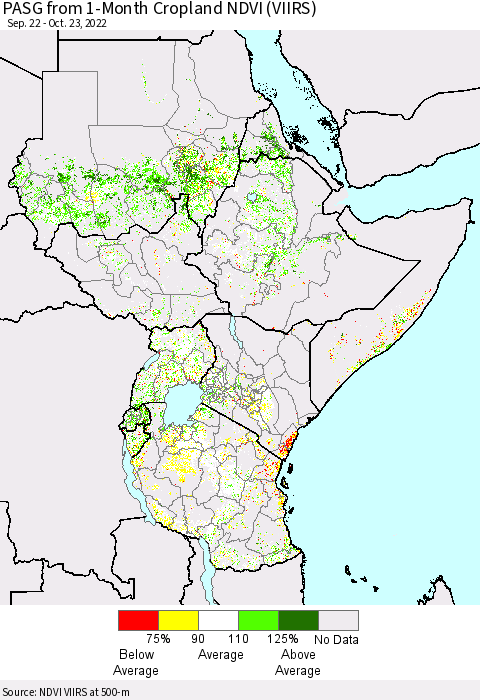 Eastern Africa PASG from 1-Month Cropland NDVI (VIIRS) Thematic Map For 10/16/2022 - 10/23/2022