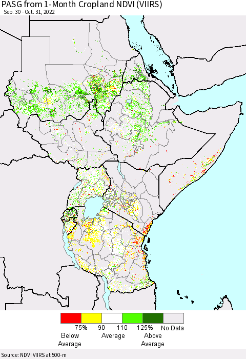Eastern Africa PASG from 1-Month Cropland NDVI (VIIRS) Thematic Map For 10/21/2022 - 10/31/2022