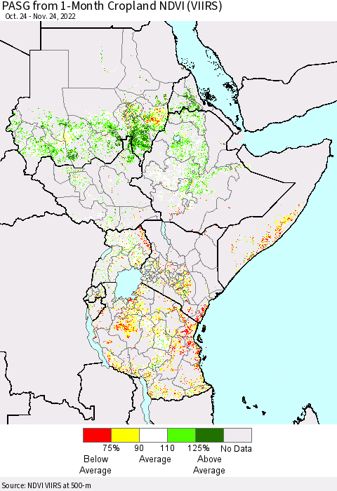 Eastern Africa PASG from 1-Month Cropland NDVI (VIIRS) Thematic Map For 11/17/2022 - 11/24/2022