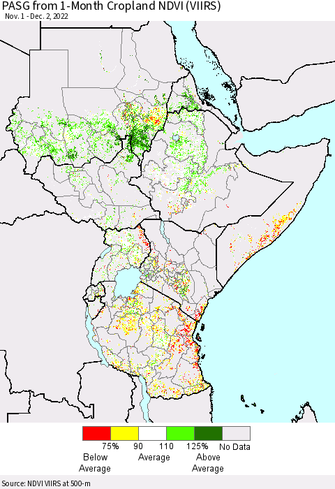 Eastern Africa PASG from 1-Month Cropland NDVI (VIIRS) Thematic Map For 11/25/2022 - 12/2/2022