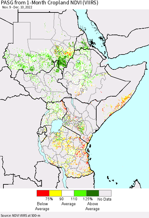 Eastern Africa PASG from 1-Month Cropland NDVI (VIIRS) Thematic Map For 12/1/2022 - 12/10/2022