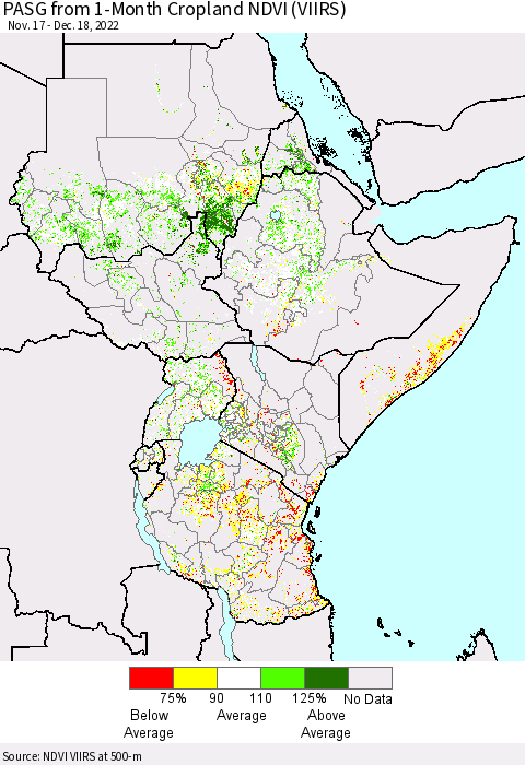 Eastern Africa PASG from 1-Month Cropland NDVI (VIIRS) Thematic Map For 12/11/2022 - 12/18/2022