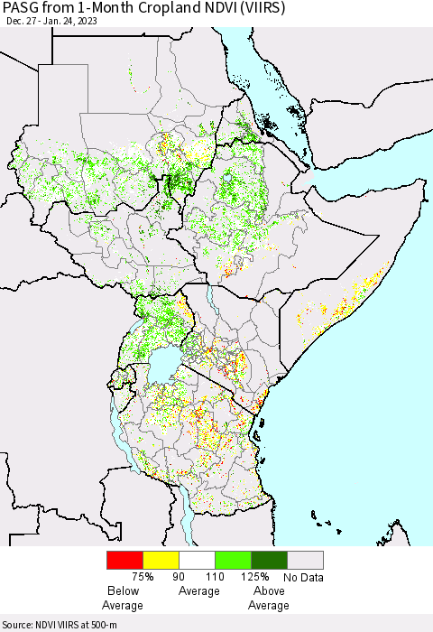 Eastern Africa PASG from 1-Month Cropland NDVI (VIIRS) Thematic Map For 1/17/2023 - 1/24/2023