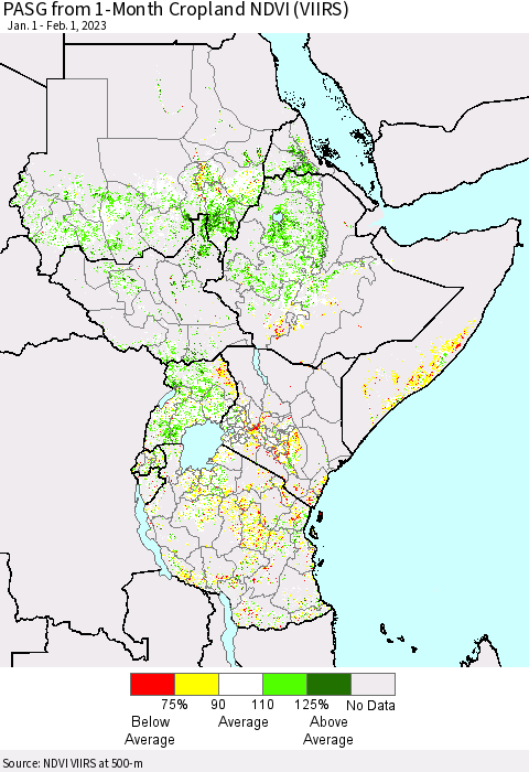 Eastern Africa PASG from 1-Month Cropland NDVI (VIIRS) Thematic Map For 1/25/2023 - 2/1/2023