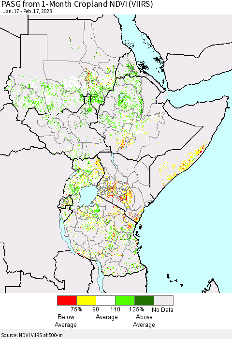 Eastern Africa PASG from 1-Month Cropland NDVI (VIIRS) Thematic Map For 2/10/2023 - 2/17/2023