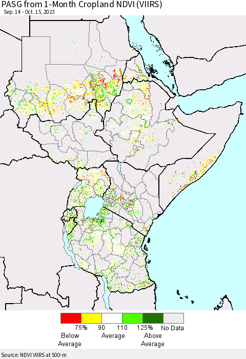 Eastern Africa PASG from 1-Month Cropland NDVI (VIIRS) Thematic Map For 10/8/2023 - 10/15/2023