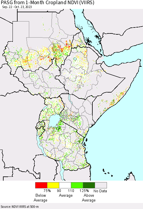 Eastern Africa PASG from 1-Month Cropland NDVI (VIIRS) Thematic Map For 10/16/2023 - 10/23/2023