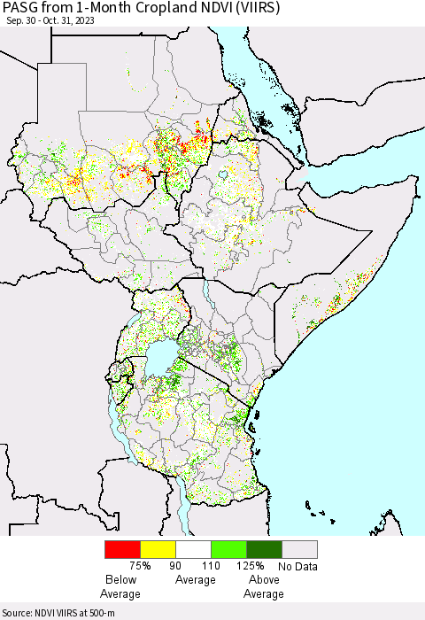 Eastern Africa PASG from 1-Month Cropland NDVI (VIIRS) Thematic Map For 10/24/2023 - 10/31/2023