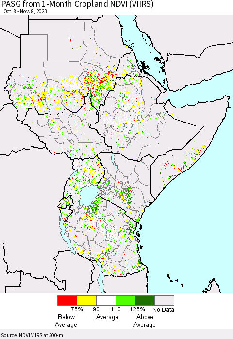 Eastern Africa PASG from 1-Month Cropland NDVI (VIIRS) Thematic Map For 11/1/2023 - 11/8/2023