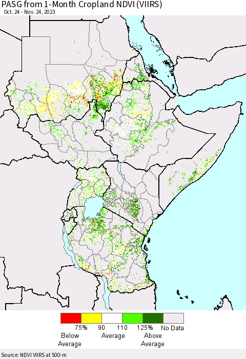 Eastern Africa PASG from 1-Month Cropland NDVI (VIIRS) Thematic Map For 11/17/2023 - 11/24/2023