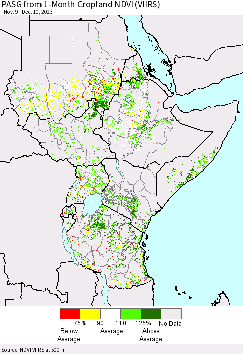 Eastern Africa PASG from 1-Month Cropland NDVI (VIIRS) Thematic Map For 12/3/2023 - 12/10/2023
