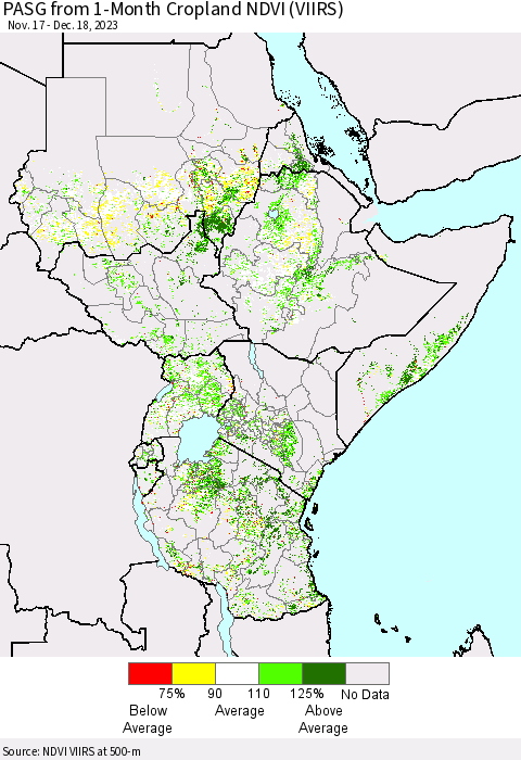 Eastern Africa PASG from 1-Month Cropland NDVI (VIIRS) Thematic Map For 12/11/2023 - 12/18/2023