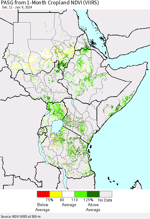 Eastern Africa PASG from 1-Month Cropland NDVI (VIIRS) Thematic Map For 1/1/2024 - 1/8/2024