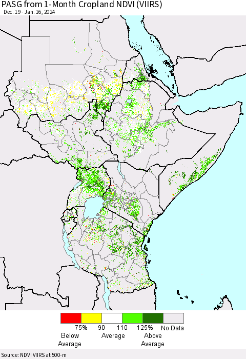 Eastern Africa PASG from 1-Month Cropland NDVI (VIIRS) Thematic Map For 1/9/2024 - 1/16/2024