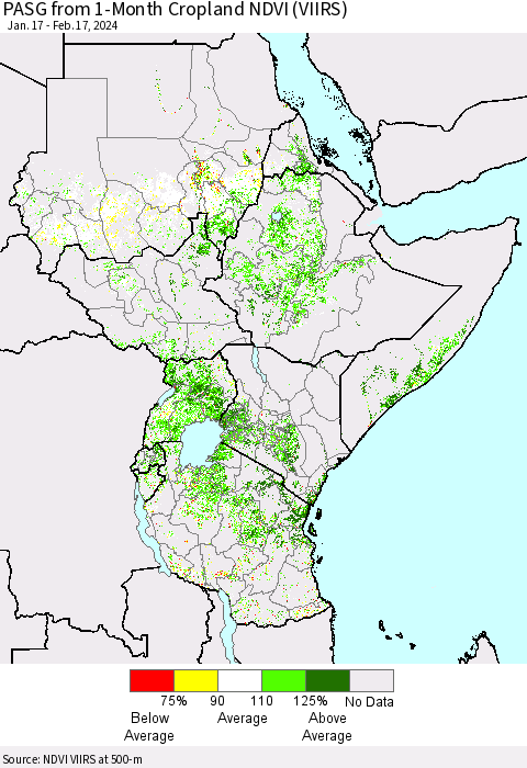 Eastern Africa PASG from 1-Month Cropland NDVI (VIIRS) Thematic Map For 2/10/2024 - 2/17/2024