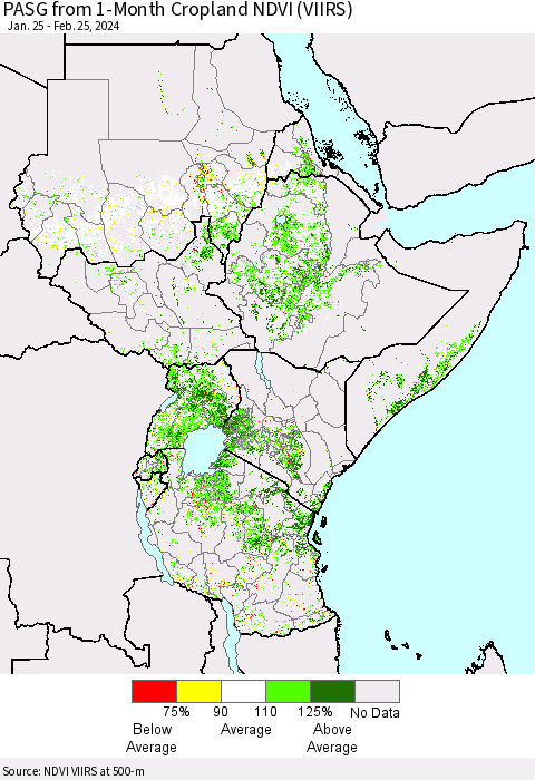 Eastern Africa PASG from 1-Month Cropland NDVI (VIIRS) Thematic Map For 2/18/2024 - 2/25/2024