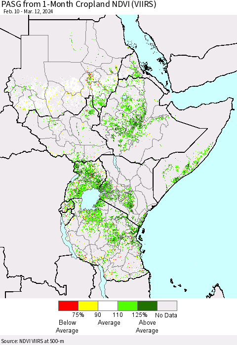 Eastern Africa PASG from 1-Month Cropland NDVI (VIIRS) Thematic Map For 3/5/2024 - 3/12/2024