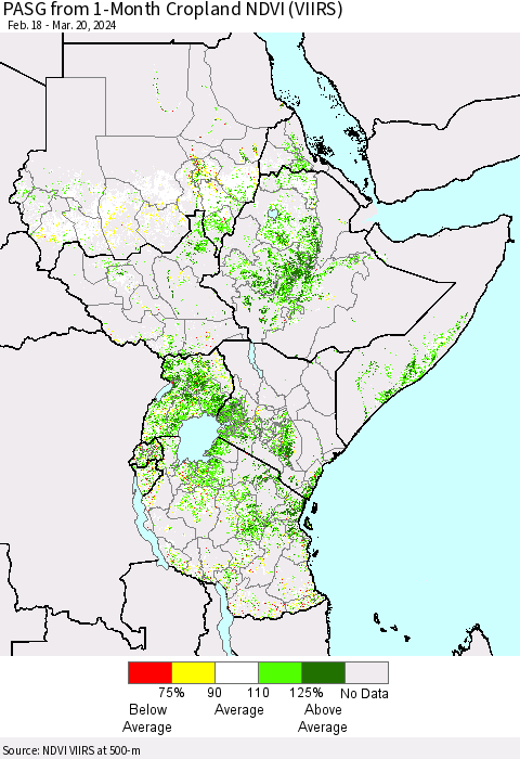 Eastern Africa PASG from 1-Month Cropland NDVI (VIIRS) Thematic Map For 3/13/2024 - 3/20/2024