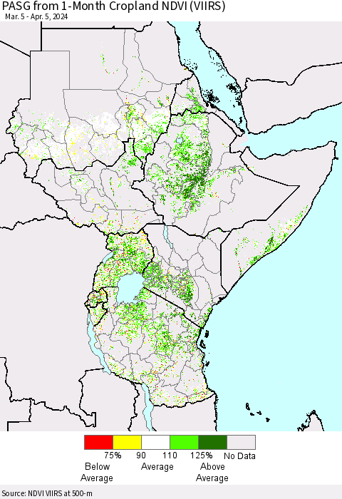 Eastern Africa PASG from 1-Month Cropland NDVI (VIIRS) Thematic Map For 3/29/2024 - 4/5/2024