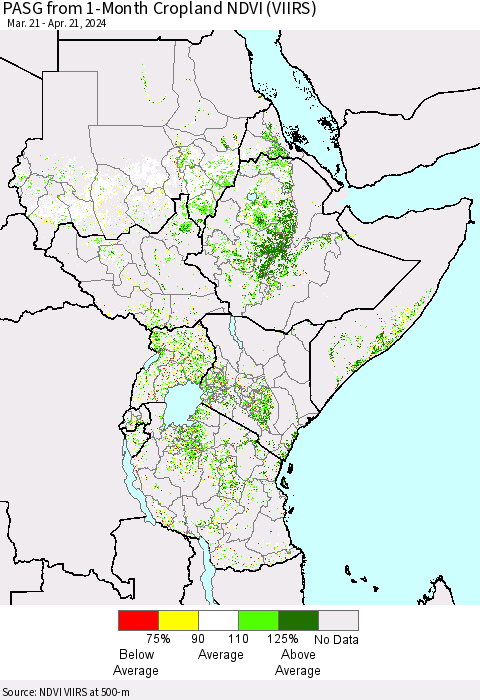 Eastern Africa PASG from 1-Month Cropland NDVI (VIIRS) Thematic Map For 4/14/2024 - 4/21/2024