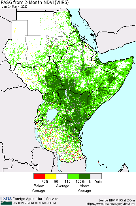 Eastern Africa PASG from 2-Month NDVI (VIIRS) Thematic Map For 3/1/2020 - 3/10/2020