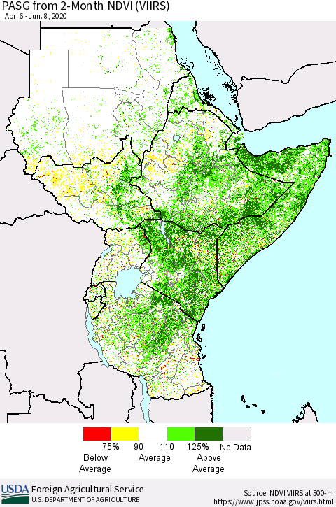 Eastern Africa PASG from 2-Month NDVI (VIIRS) Thematic Map For 6/1/2020 - 6/10/2020