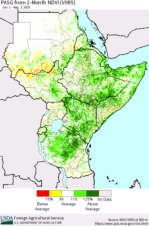 Eastern Africa PASG from 2-Month NDVI (VIIRS) Thematic Map For 8/1/2020 - 8/10/2020