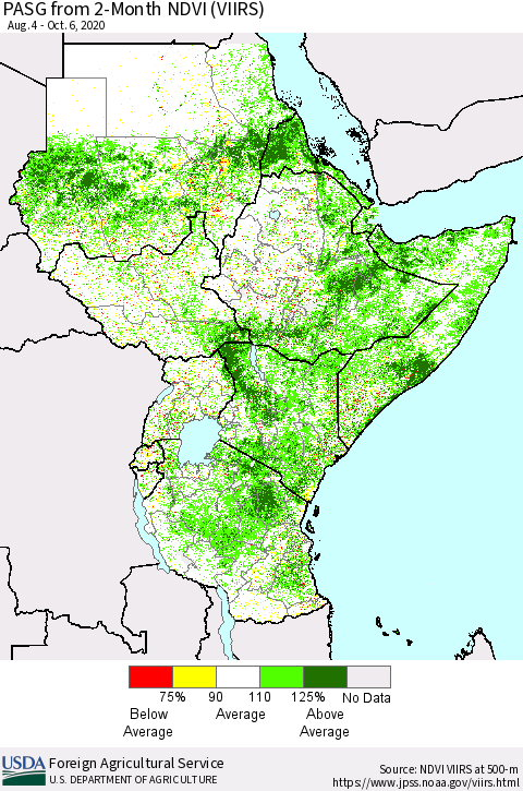 Eastern Africa PASG from 2-Month NDVI (VIIRS) Thematic Map For 10/1/2020 - 10/10/2020