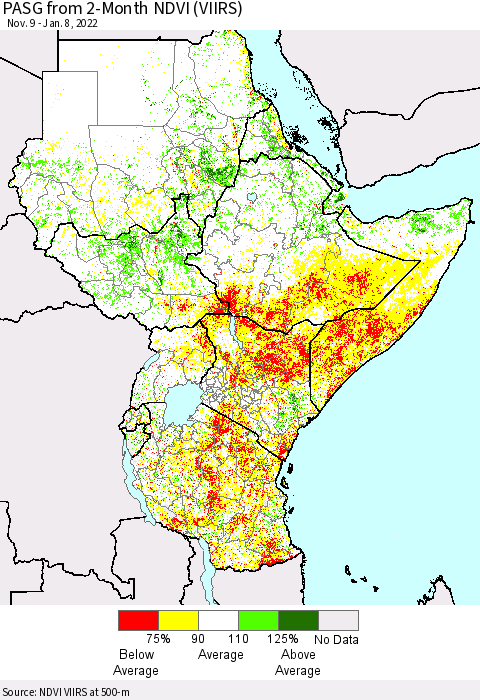 Eastern Africa PASG from 2-Month NDVI (VIIRS) Thematic Map For 1/1/2022 - 1/8/2022