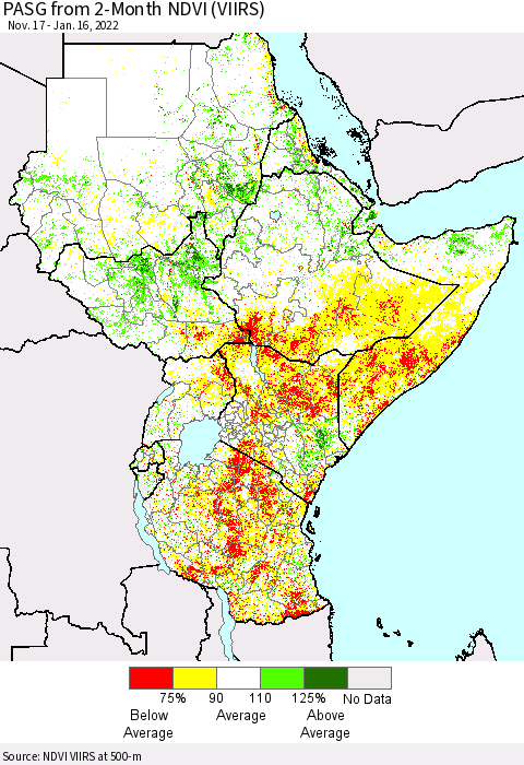 Eastern Africa PASG from 2-Month NDVI (VIIRS) Thematic Map For 1/9/2022 - 1/16/2022