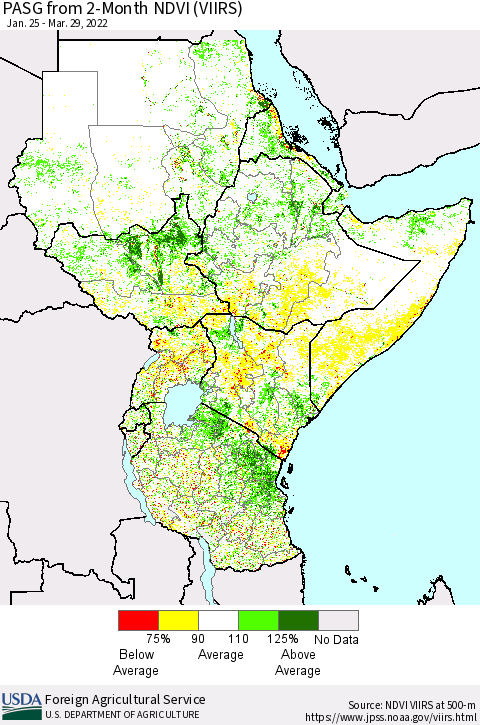 Eastern Africa PASG from 2-Month NDVI (VIIRS) Thematic Map For 3/21/2022 - 3/31/2022