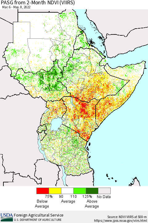 Eastern Africa PASG from 2-Month NDVI (VIIRS) Thematic Map For 5/1/2022 - 5/10/2022
