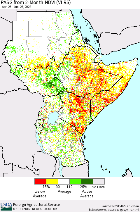 Eastern Africa PASG from 2-Month NDVI (VIIRS) Thematic Map For 6/21/2022 - 6/30/2022