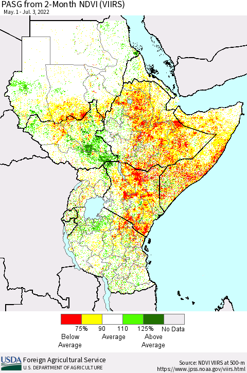 Eastern Africa PASG from 2-Month NDVI (VIIRS) Thematic Map For 7/1/2022 - 7/10/2022