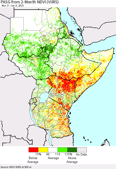 Eastern Africa PASG from 2-Month NDVI (VIIRS) Thematic Map For 1/1/2023 - 1/8/2023
