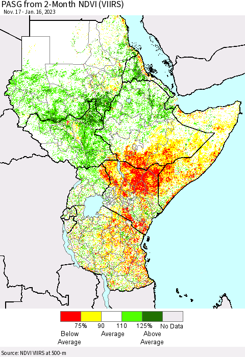 Eastern Africa PASG from 2-Month NDVI (VIIRS) Thematic Map For 1/9/2023 - 1/16/2023