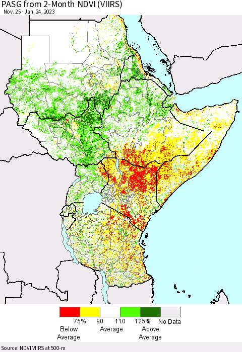 Eastern Africa PASG from 2-Month NDVI (VIIRS) Thematic Map For 1/17/2023 - 1/24/2023