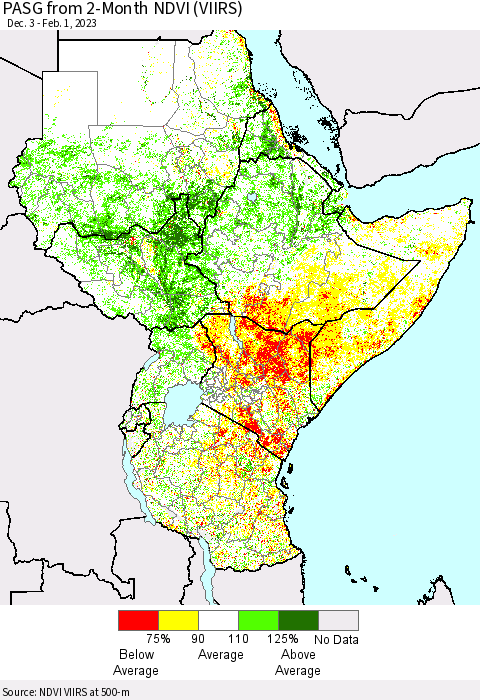 Eastern Africa PASG from 2-Month NDVI (VIIRS) Thematic Map For 1/25/2023 - 2/1/2023