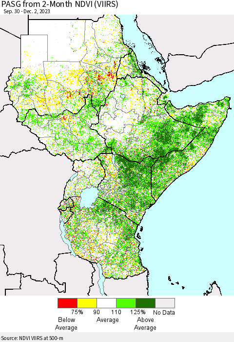 Eastern Africa PASG from 2-Month NDVI (VIIRS) Thematic Map For 11/25/2023 - 12/2/2023