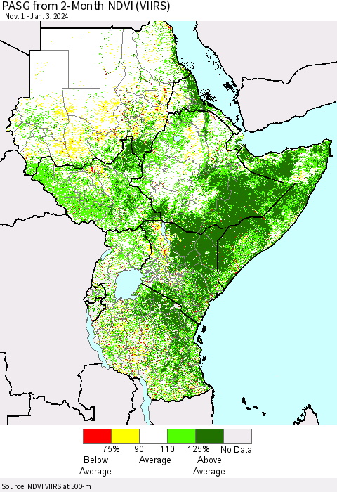 Eastern Africa PASG from 2-Month NDVI (VIIRS) Thematic Map For 12/27/2023 - 1/3/2024