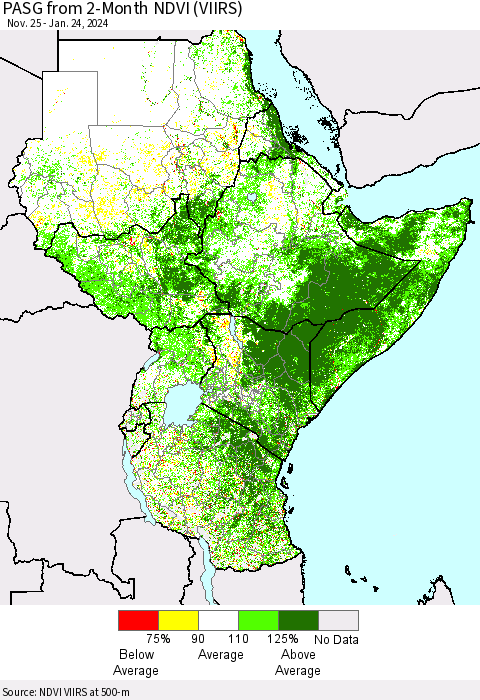 Eastern Africa PASG from 2-Month NDVI (VIIRS) Thematic Map For 1/17/2024 - 1/24/2024
