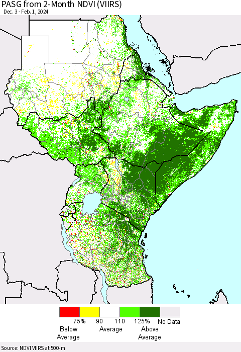 Eastern Africa PASG from 2-Month NDVI (VIIRS) Thematic Map For 1/25/2024 - 2/1/2024