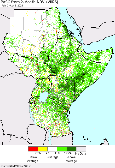 Eastern Africa PASG from 2-Month NDVI (VIIRS) Thematic Map For 3/29/2024 - 4/5/2024