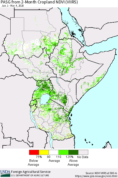 Eastern Africa PASG from 2-Month Cropland NDVI (VIIRS) Thematic Map For 3/1/2020 - 3/10/2020