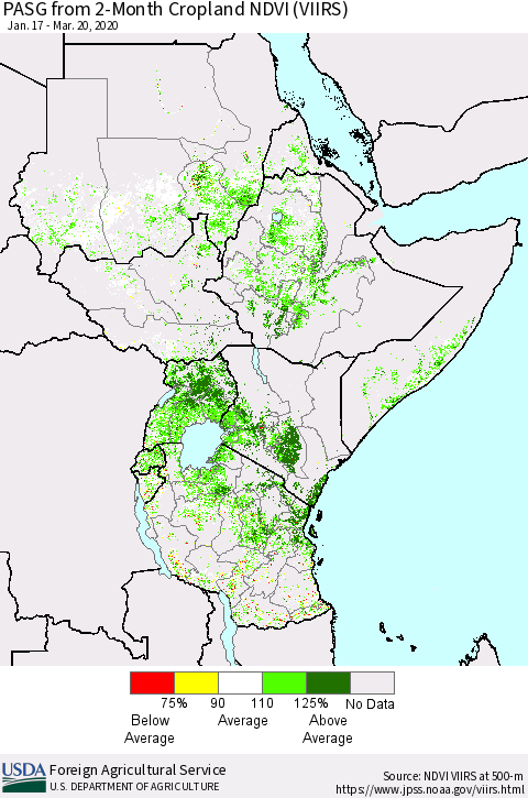 Eastern Africa PASG from 2-Month Cropland NDVI (VIIRS) Thematic Map For 3/11/2020 - 3/20/2020